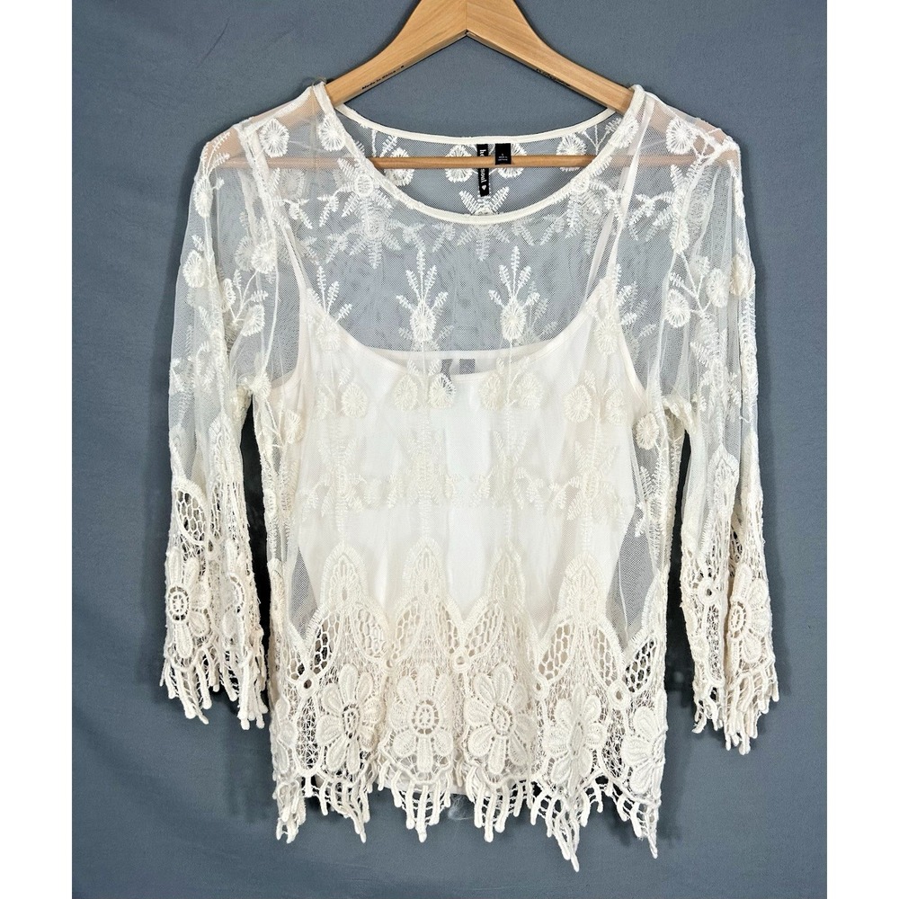 Heart Soul Womens Cream Sheer Crochet Overlay Top Size L Coachella Festival Boho